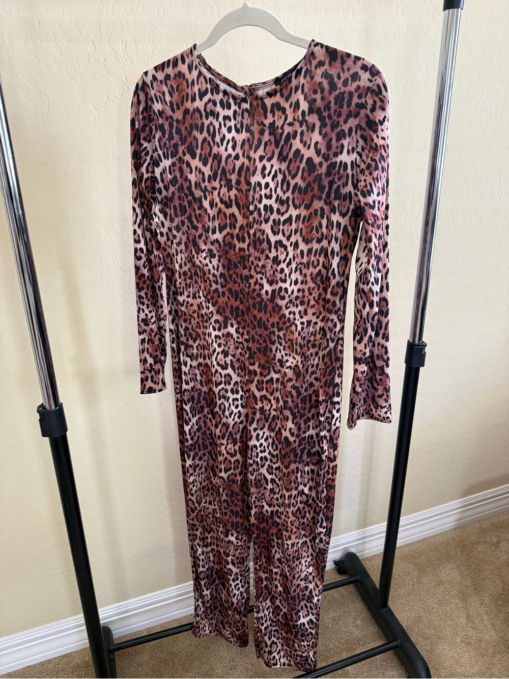 Nasty Gal Pink and Brown Leopard Print Long Sleeve Jumpsuit